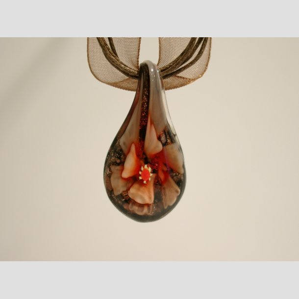 Halskde - Glas Blomst i Drbe - Sort/Guld - 26cm Orange