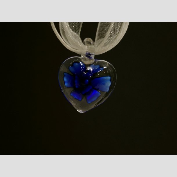 Halskde - Glas Blomst i Klar Hjerte - 26cm Bl&aring;