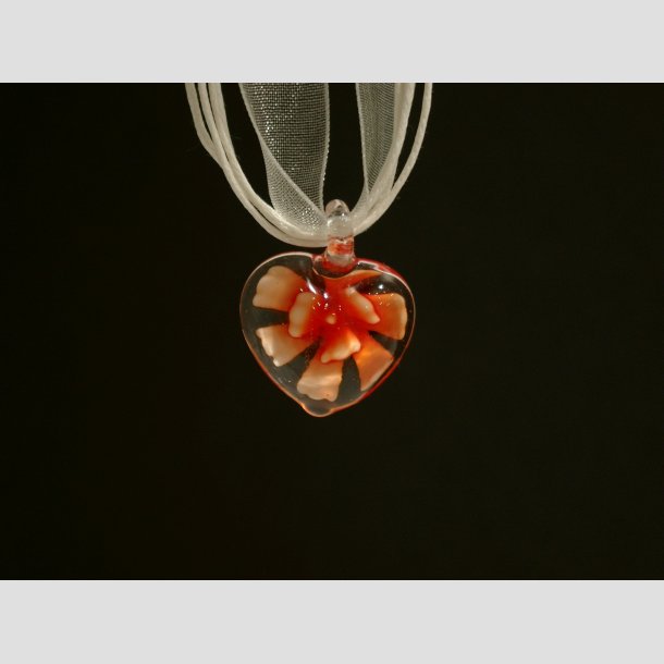 Glas Smykke Vedhng - Blomst i Hjerte - Klar Glas - 3cm Orange