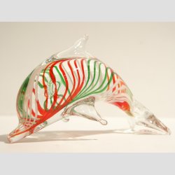 Stende Klar/Rd/Grn Striber Glas Delfin - 9-10cm