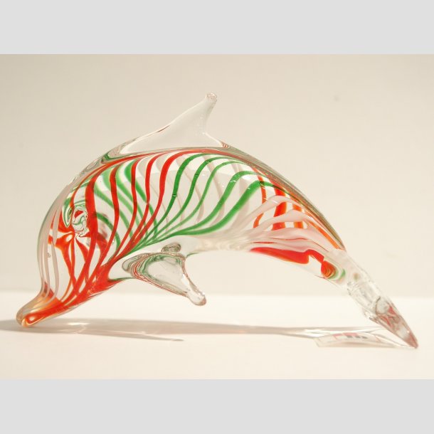 Stende Klar/Rd/Grn Striber Glas Delfin - 9-10cm