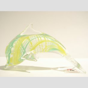 Stende Klar/Gul/Turkis Striber Glas Delfin - 9-10cm