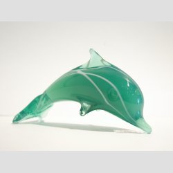 Stende Jade/Hvid Striber Glas Delfin - 10cm