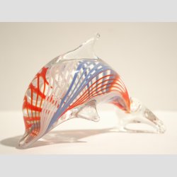 Stende Klar/Hvid/Rd/Bl Striber Glas Delfin - 10cm