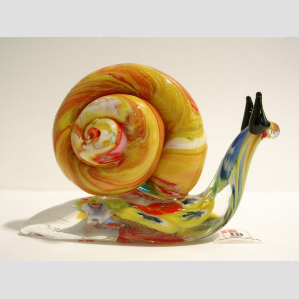 Glaskunst - Glas Snegl - Millefiori &amp; Mix Jadefarver - 10cm Gul