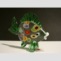 Stende Flad Glas Fisk - Klar/Grn Med Millefiori - 8-9cm