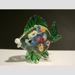 Stende Flad Glas Fisk - Klar/Grn Med Millefiori - 8-9cm