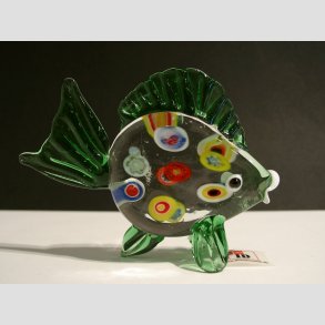 Stende Flad Glas Fisk - Klar/Grn Med Millefiori - 8-9cm