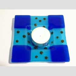 Glas Fad - Med Millefiori Blomster Prikker - Bl/Lysebl/Brun Millefiori - 11x11cm