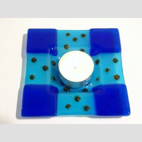 Glas Fad - Med Millefiori Blomster Prikker - Bl/Lysebl/Brun Millefiori - 11x11cm