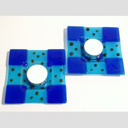 Glas Fad - Med Millefiori Blomster Prikker - Bl/Lysebl/Brun Millefiori - 11x11cm