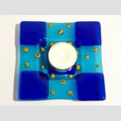 Glasfad - Med Millefiori Prikker - Bl/Lysebl - Gule Millefiori - 11x11cm