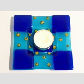 Glasfad - Med Millefiori Prikker - Bl/Lysebl - Gule Millefiori - 11x11cm