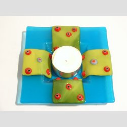 Glas Fad - Med Millefiori Blomster Prikker - Lysebl/Gul - 11x11cm