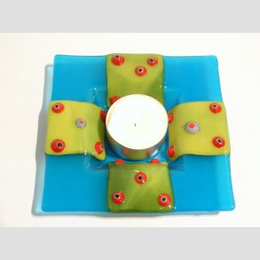 Glas Fad - Med Millefiori Blomster Prikker - Lysebl/Gul - 11x11cm