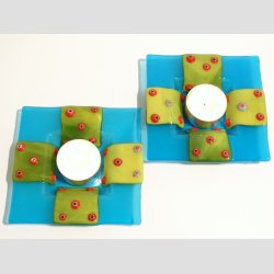 Glas Fad - Med Millefiori Blomster Prikker - Lysebl/Gul - 11x11cm