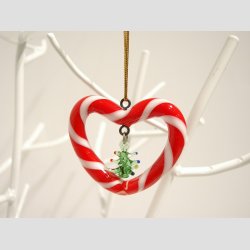 Juletrspynt - Hngende Glas Hjerte - Rde/Hvide Striber - 5cm