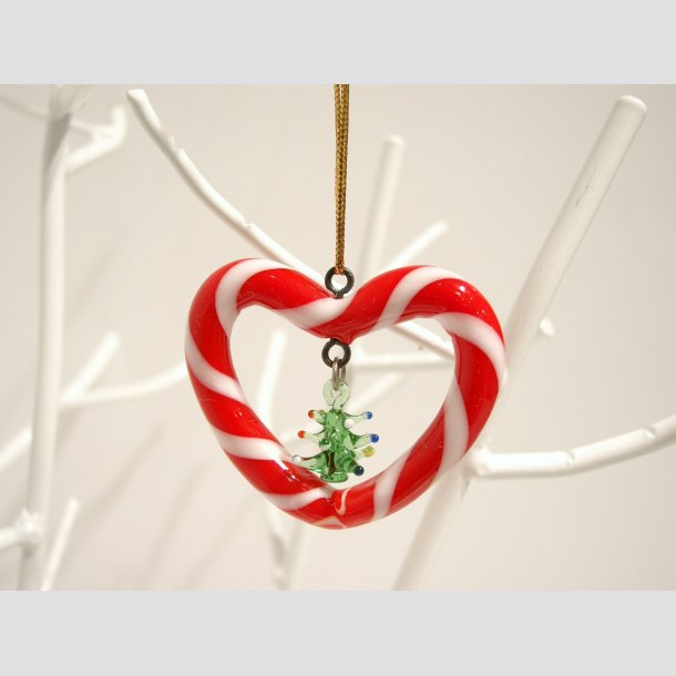 Juletrspynt - Hngende Glas Hjerte - Rde/Hvide Striber - 5cm R&oslash;d