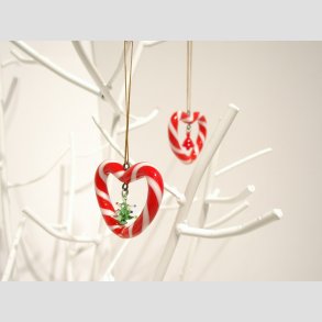 Juletrspynt - Hngende Glas Hjerte - Rde/Hvide Striber - 5cm