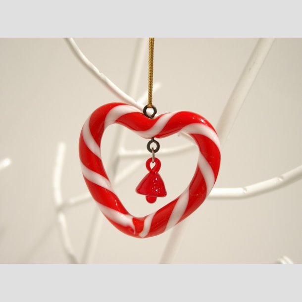 Juletrspynt - Hngende Glas Hjerte - Rde/Hvide Striber - 5cm Hvid
