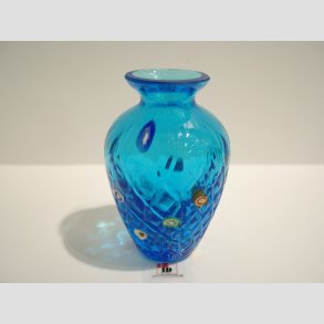 Vase - Mundblst Glas Vase - Klar/Bl Med Millefiori - 10cm