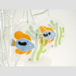 Glasfusing - Rund Glas Plaque - 1 stk Bl/Orange Fisk - 12cm