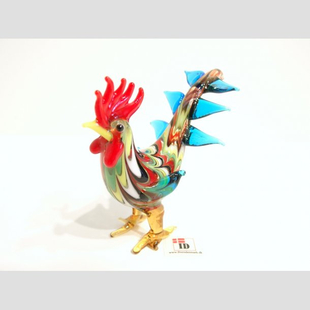 Glaskunst - Stribet Hane Med Hj Hale - 8cm Lysebl&aring;