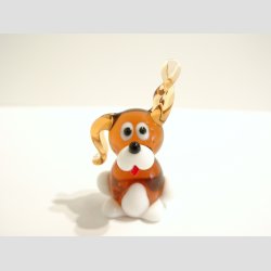 Hunde Figur - Glas Hund Med Krlle re og Rd Tunge - Brun/Hvid - B3-4cm x H5-6cm