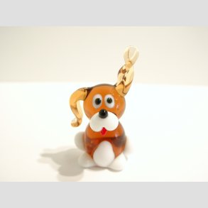 Hunde Figur - Glas Hund Med Krlle re og Rd Tunge - Brun/Hvid - B3-4cm x H5-6cm