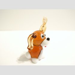 Hunde Figur - Glas Hund Med Krlle re og Rd Tunge - Brun/Hvid - B3-4cm x H5-6cm
