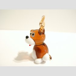 Hunde Figur - Glas Hund Med Krlle re og Rd Tunge - Brun/Hvid - B3-4cm x H5-6cm