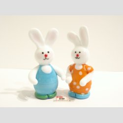 Kanin Par - Hvid Jadeglas Lysebl/Orange - H 6-7cm