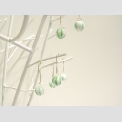 Hngende Glas Mini Rund Kugle - Hvid/Grn Striber - 1,4cm