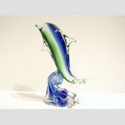 Glaskunst - Glas Delfin p en Blge - Klar/Bl/Grn - 15cm