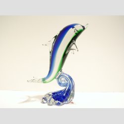 Glaskunst - Glas Delfin p en Blge - Klar/Bl/Grn - 15cm