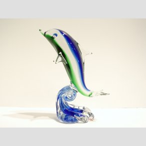 Glaskunst - Glas Delfin p en Blge - Klar/Bl/Grn - 15cm