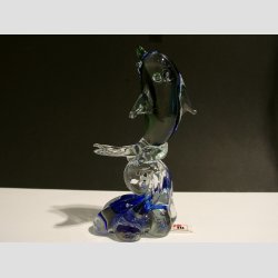 Glas Delfin P� B�lge - Klar/Bl�/Gr�n - 14cm