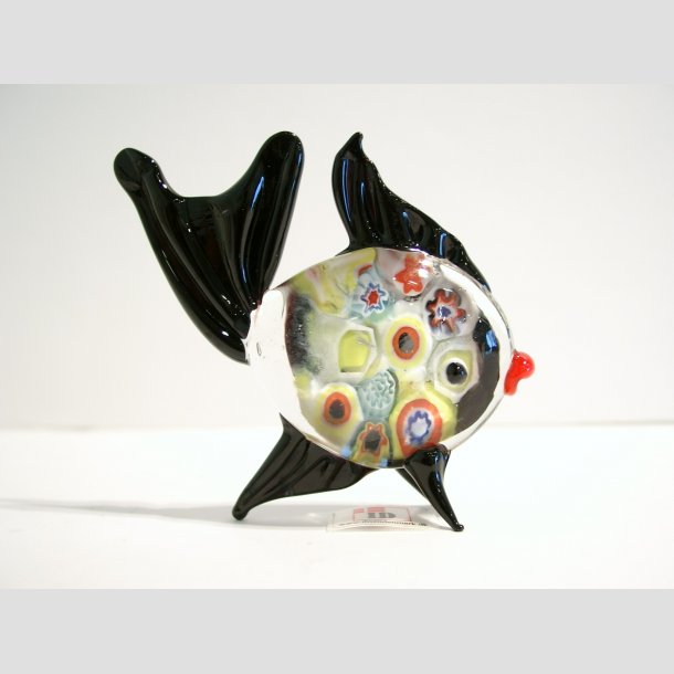 Glas Fisk - Millefiori - 8cm Sort