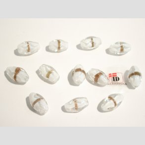 Glas Perler - Hndlavet Hvid/Oval - Med Guld striber - 1,5-2,0cm
