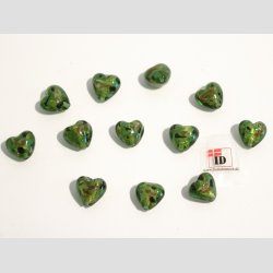 Hjerte Glas Perler - Hndlavet Glas Hjerte Perle - Med Blomst/Guld - Grn - 1,2cm