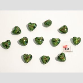Hjerte Glas Perler - Hndlavet Glas Hjerte Perle - Med Blomst/Guld - Grn - 1,2cm