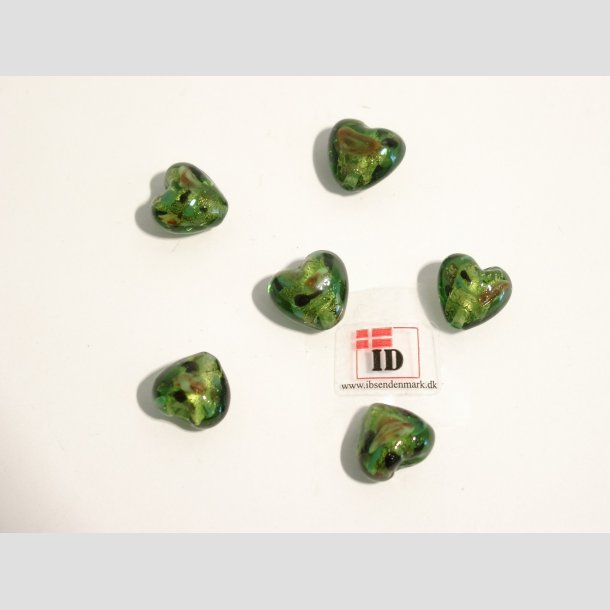 Hjerte Glas Perler - Hndlavet Glas Hjerte Perle - Med Blomst/Guld - Grn - 1,2cm Perle6