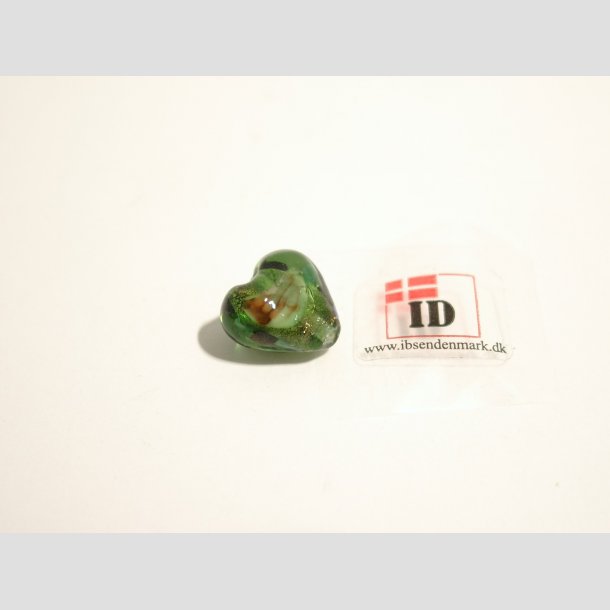 Hjerte Glas Perler - Hndlavet Glas Hjerte Perle - Med Blomst/Guld - Grn - 1,2cm Perle1