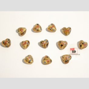 Hjerte Glas Perler - Hndlavet Hjerte Glas Perle - Brun Med Blomst/Guld - Guld - 1,2cm
