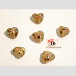 Hjerte Glas Perler - Hndlavet Hjerte Glas Perle - Brun Med Blomst/Guld - Guld - 1,2cm