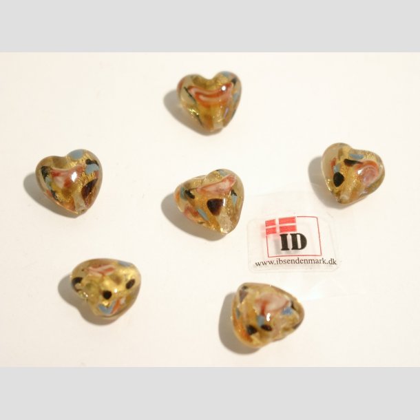 Hjerte Glas Perler - Hndlavet Hjerte Glas Perle - Brun Med Blomst/Guld - Guld - 1,2cm Perle6