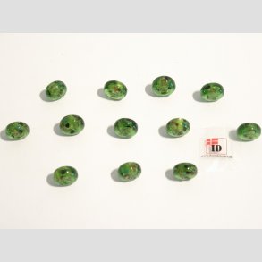 Hndlavet Glas Perle - Flad/Rund Med Blomst/Guld - Grn - 1,2cm