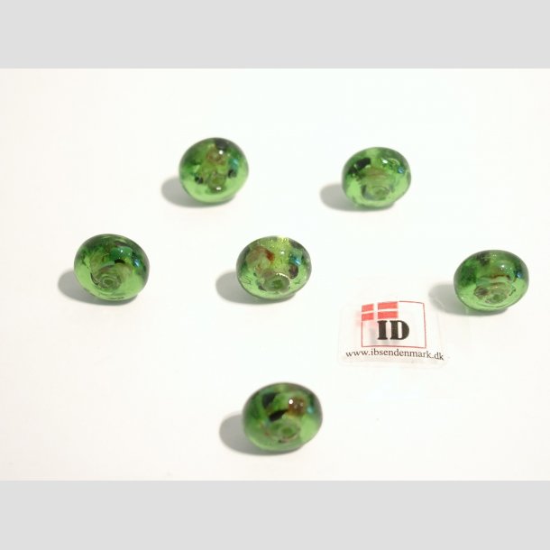 Hndlavet Glas Perle - Flad/Rund Med Blomst/Guld - Grn - 1,2cm Perle6