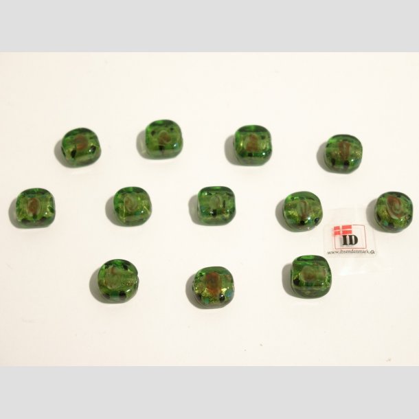 Hndlavet Glas Perle - Firkant Med Blomst/Guld - Grn - 1,2cm