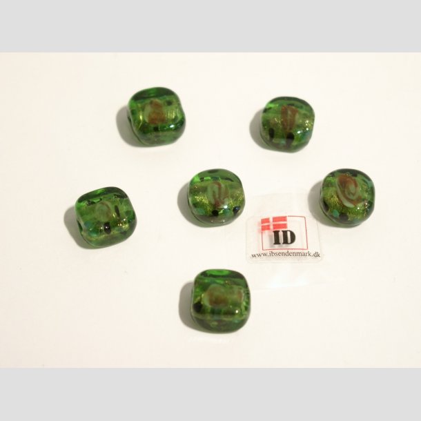 Hndlavet Glas Perle - Firkant Med Blomst/Guld - Grn - 1,2cm Perle6